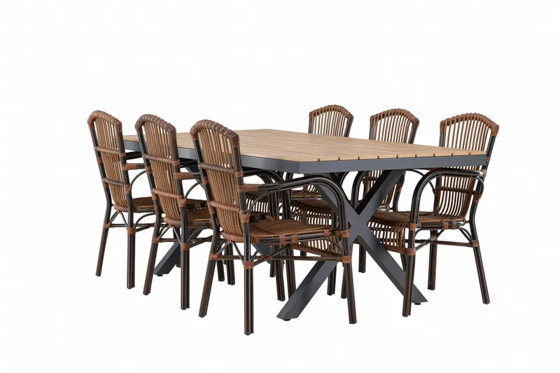 Garcia ruokailuryhmä 200 cm + 6 Galera-tuolia ruskea/musta - Puutarhakalusteet - Ulkoryhmä - Ruokailuryhmät ulos