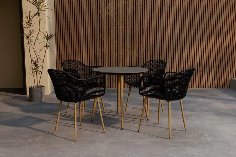 Anafi ruokailuryhmä 80 cm, 4 tuolia ulkokäyttöön, Musta