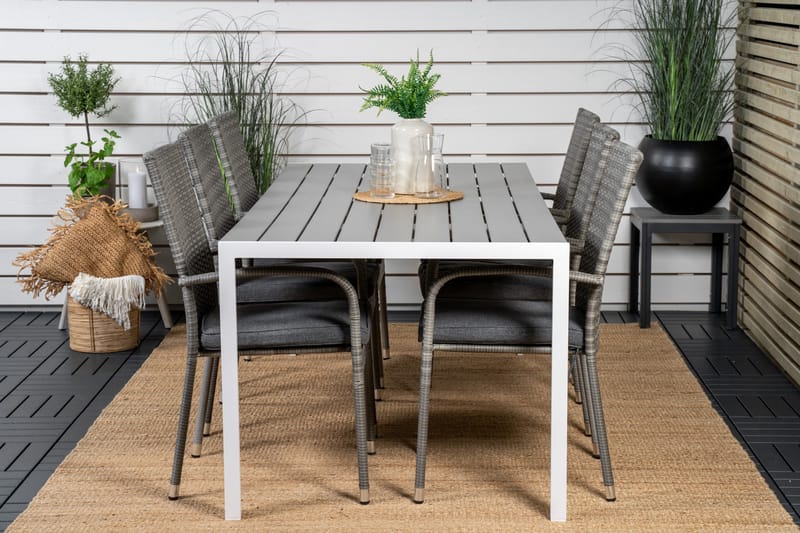 Break Ruokailuryhmä 205 cm + 6 Anna Käsinojatuolia - Harmaa / Valkoinen - Puutarhakalusteet - Ulkoryhmä - Ruokailuryhmät ulos
