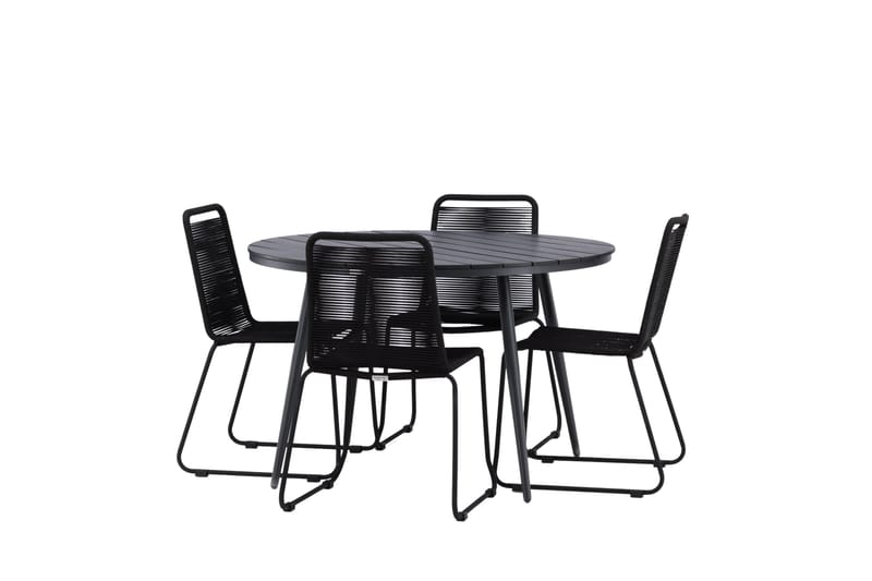 Break pyöreä ulkoruokailuryhmä 120 cm + 4 pinottavaa Lindos-tuolia - Musta - Puutarhakalusteet - Ulkoryhmä - Ruokailuryhmät ulos