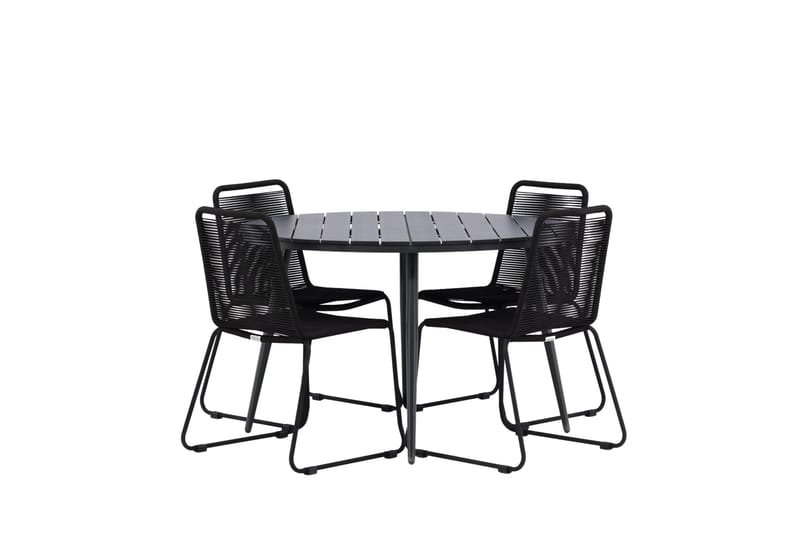 Break pyöreä ulkoruokailuryhmä 120 cm + 4 pinottavaa Lindos-tuolia - Musta - Puutarhakalusteet - Ulkoryhmä - Ruokailuryhmät ulos