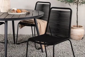 Break pyöreä ulkoruokailuryhmä 120 cm + 4 pinottavaa Lindos-tuolia - Musta - Puutarhakalusteet - Ulkoryhmä - Ruokailuryhmät ulos