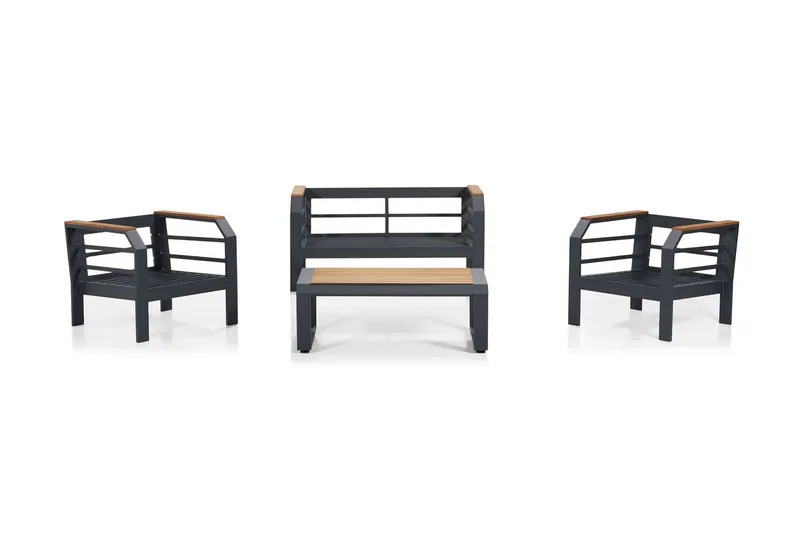 Kahvilasetti Lassento 137 cm + 2:n ist Sohva + 2 nojatuolia - Harmaa / Musta - Puutarhakalusteet - Ulkoryhmä - Cafe-ryhmä