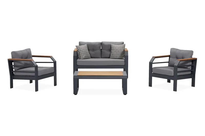Kahvilasetti Lassento 137 cm + 2:n ist Sohva + 2 nojatuolia, Harmaa / Musta