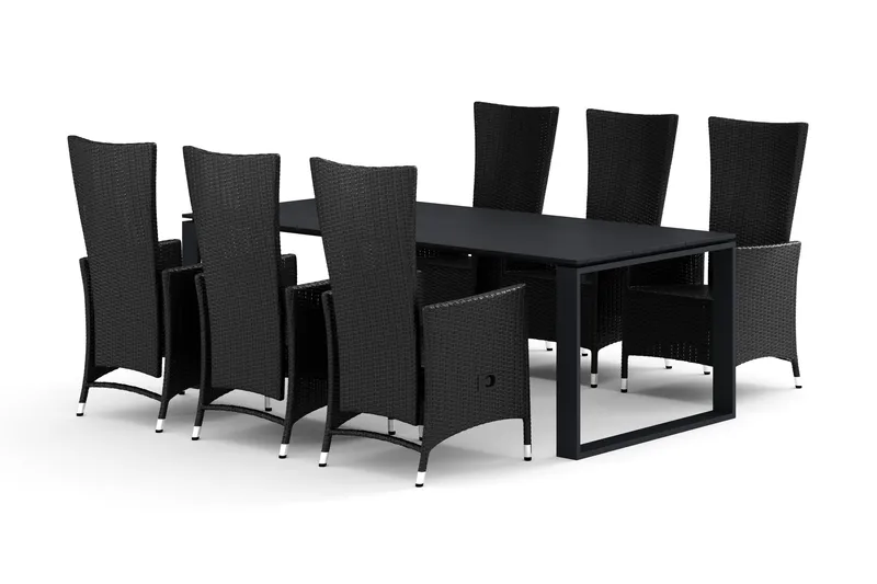 Devon ulkoruokailuryhmä 210x100 cm, 6 Jenny-ruokatuolia, Musta