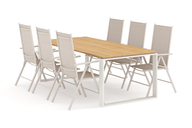 Devon ulkoruokailuryhmä 210x100 cm, 6 Maggie säätötuolia - Beige/Tiikki - Puutarhakalusteet - Ulkoryhmä - Ruokailuryhmät ulos