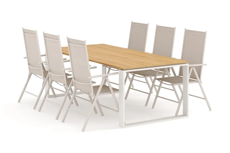 Devon ulkoruokailuryhmä 210x100 cm, 6 Maggie-säätötuolia, Beige/tiikki