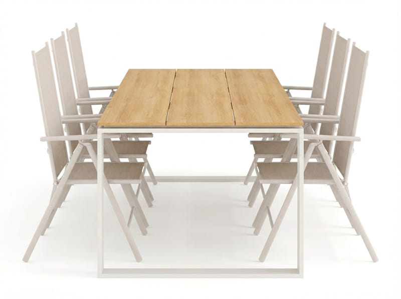 Devon ulkoruokailuryhmä 210x100 cm, 6 Maggie-säätötuolia - Beige/tiikki - Puutarhakalusteet - Ulkoryhmä - Ruokailuryhmät ulos