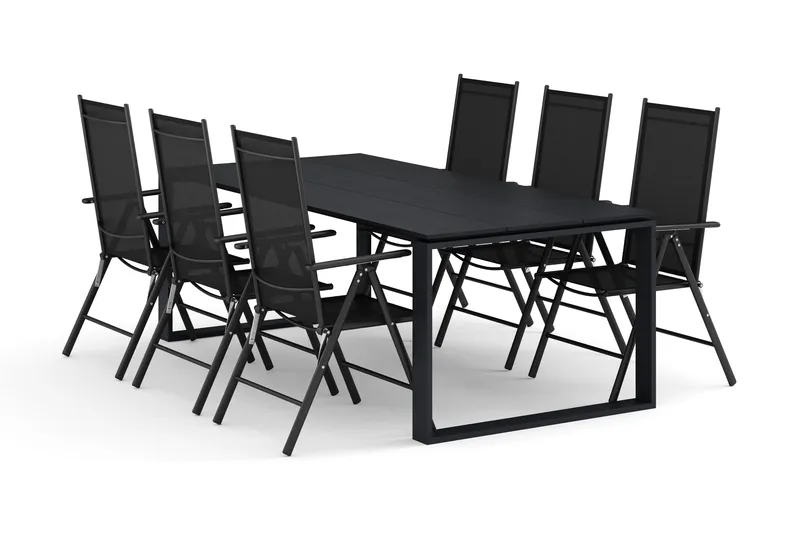 Devon ulkoruokailuryhmä 210x100 cm, 6 Maggie-säätötuolia, Musta