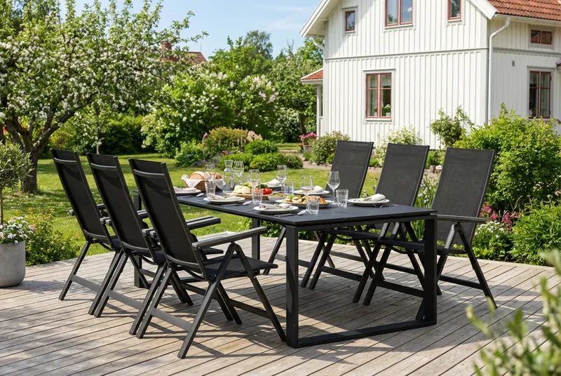 Devon ulkoruokailuryhmä 210x100 cm, 6 Monaco Light -säätötuolia - Musta - Puutarhakalusteet - Ulkoryhmä - Ruokailuryhmät ulos
