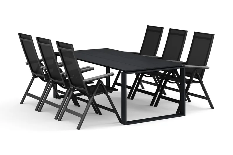 Devon ulkoruokailuryhmä 210x100 cm, 6 Monaco Light -säätötuolia, Musta
