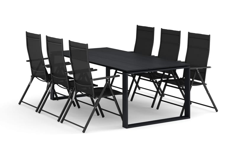 Devon ulkoruokailuryhmä 210x100 cm, 6 säätötuolia, Musta