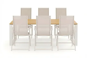 Devon ulkoruokailuryhmä 210x100 cm, 6 Sanna-säätötuolia - Beige/tiikki - Puutarhakalusteet - Ulkoryhmä - Ruokailuryhmät ulos