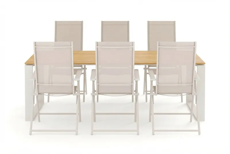 Devon ulkoruokailuryhmä 210x100 cm, 6 Sanna-säätötuolia - Beige/tiikki - Puutarhakalusteet - Ulkoryhmä - Ruokailuryhmät ulos