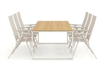 Devon ulkoruokailuryhmä 210x100 cm, 6 Sanna-säätötuolia - Beige/tiikki - Puutarhakalusteet - Ulkoryhmä - Ruokailuryhmät ulos