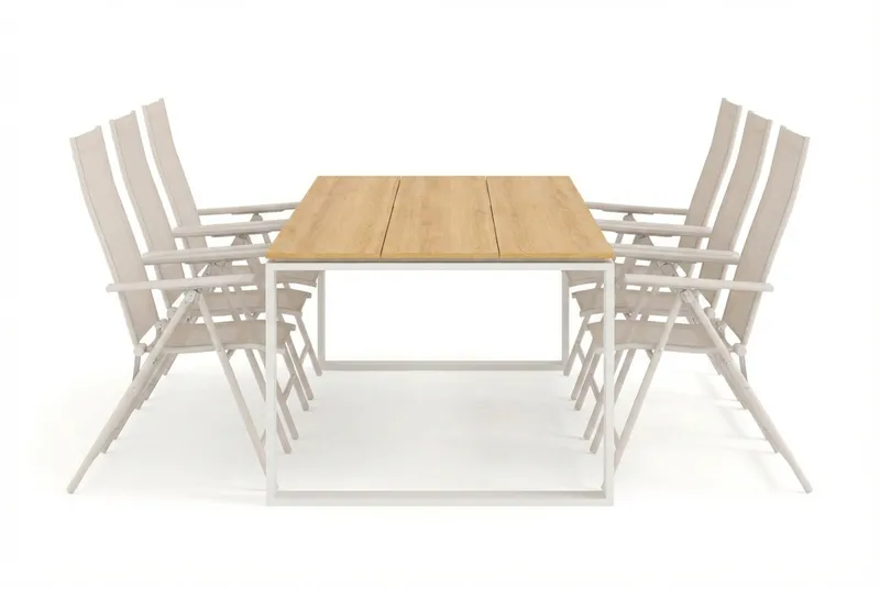 Devon ulkoruokailuryhmä 210x100 cm, 6 Sanna-säätötuolia - Beige/tiikki - Puutarhakalusteet - Ulkoryhmä - Ruokailuryhmät ulos