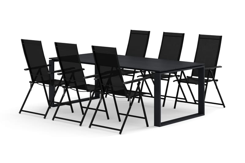 Devon ulkoruokailuryhmä 210x100 cm, 6 Sanna-säätötuolia, Musta