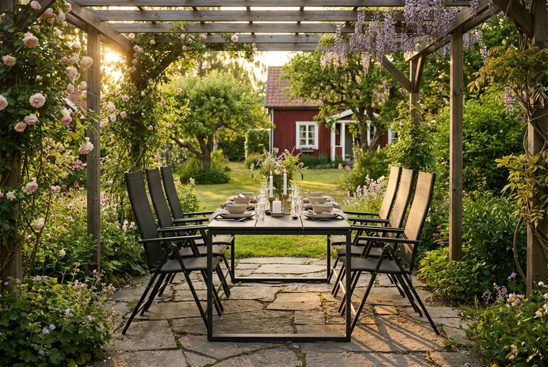 Devon ulkoruokailuryhmä 210x100 cm, 6 Sanna-säätötuolia - Musta - Puutarhakalusteet - Ulkoryhmä - Ruokailuryhmät ulos