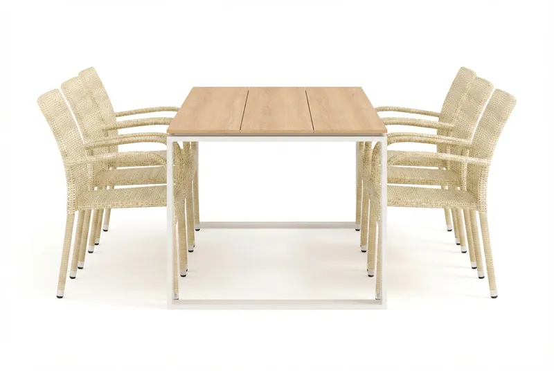 Devon ulkoruokailuryhmä 210x100 cm, 6 Thor Light -ulkofotöljiä - Beige/tiikki - Puutarhakalusteet - Ulkoryhmä - Ruokailuryhmät ulos