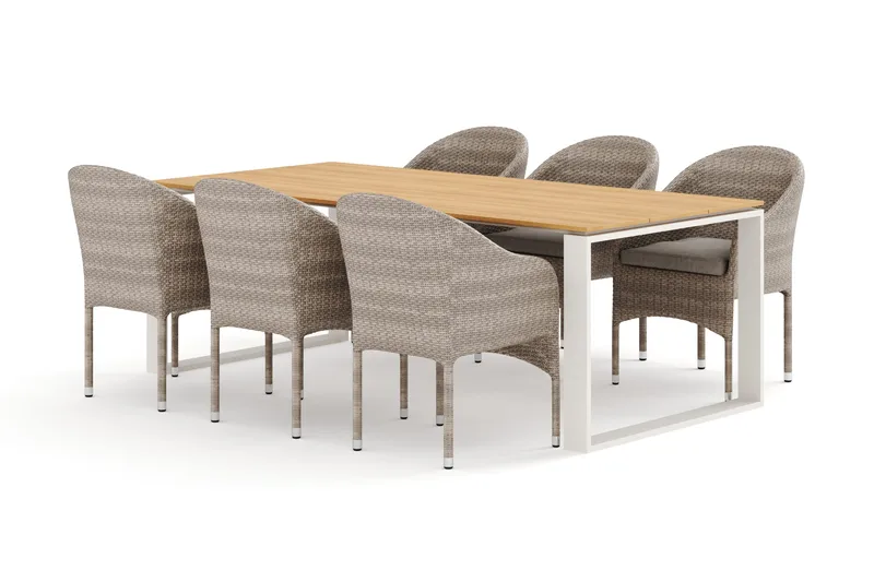 Devon ulkoruokailuryhmä 210x100 cm, 6 Thor-nojatuolia, Beige/tiikki