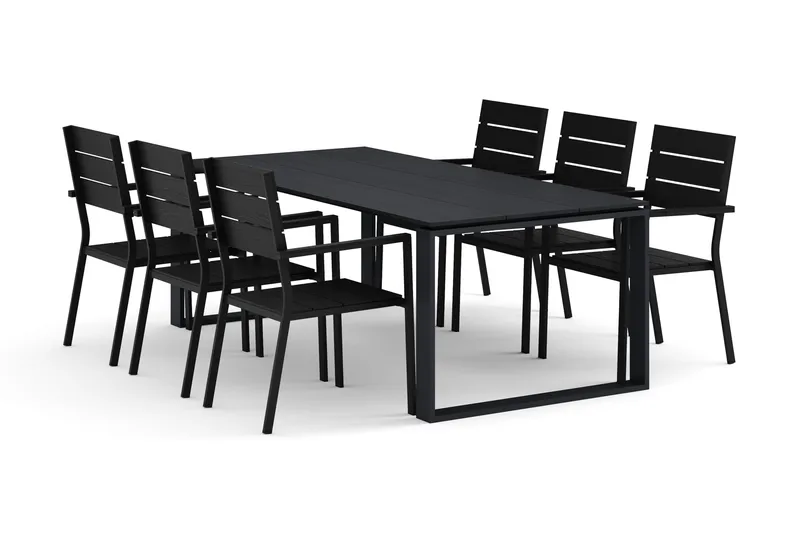 Devon-ulkoruokailuryhmä 210x100 cm, 6 Tunis-pinottavalla tuolilla, Musta