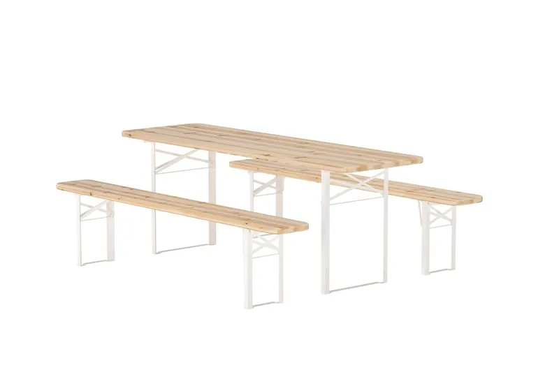 Guiness ruokailuryhmä 200 cm, 2 penkkiä ulkokäyttöön - Tiikin näköinen, beige runko - Puutarhakalusteet - Ulkoryhmä - Ruokailuryhmät ulos