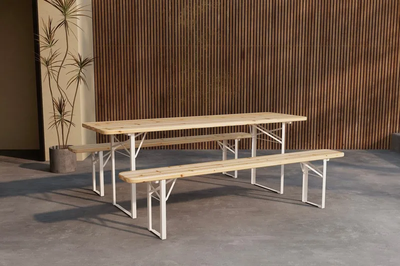 Guiness ruokailuryhmä 200 cm, 2 penkkiä ulkokäyttöön, Tiikin näköinen, beige runko