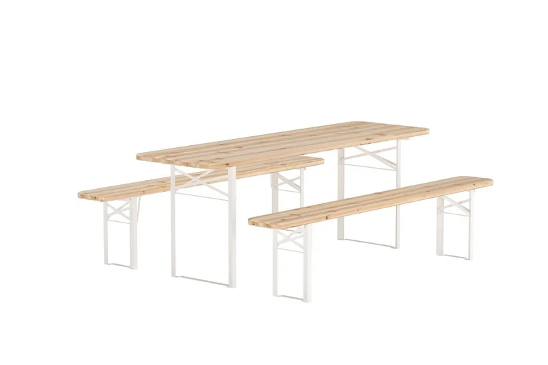 Guiness ruokailuryhmä 200 cm, 2 penkkiä ulkokäyttöön - Tiikin näköinen, beige runko - Puutarhakalusteet - Ulkoryhmä - Ruokailuryhmät ulos
