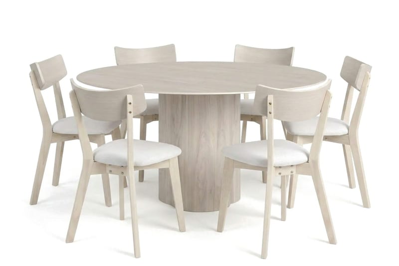 Juno-ruokailuryhmä 150 cm pyöreä, valkolakattu, 6 Amelia-ruokatuolia pehmusteella - Valkokuultolakattu/Beige - Puutarhakalusteet - Ulkoryhmä - Ruokailuryhmät ulos