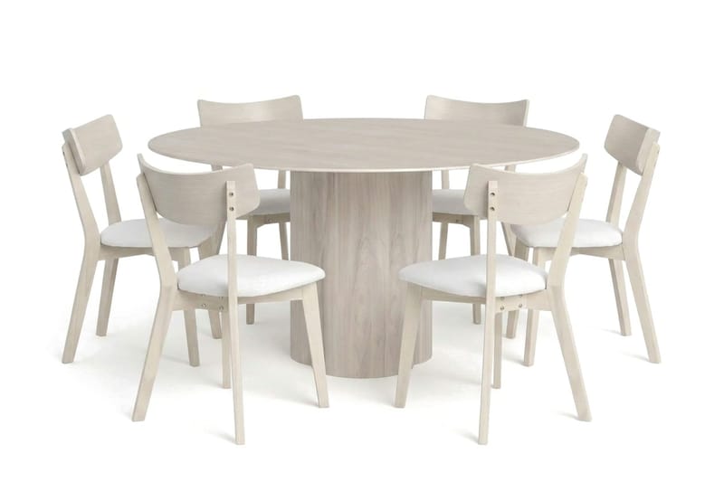 Juno-ruokailuryhmä 150 cm pyöreä, valkolakattu, 6 Amelia-ruokatuolia pehmusteella, Valkokuultolakattu/Beige