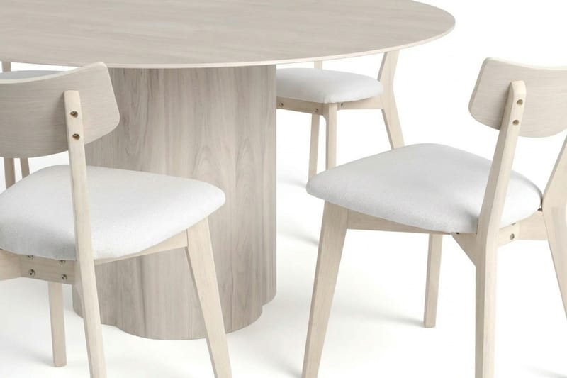 Juno-ruokailuryhmä 150 cm pyöreä, valkolakattu, 6 Amelia-ruokatuolia pehmusteella - Valkokuultolakattu/Beige - Puutarhakalusteet - Ulkoryhmä - Ruokailuryhmät ulos