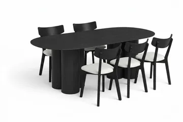 Juno-ruokailuryhmä 220 cm suorakulmainen, musta, 6 Amelia-ruokatuolia pehmusteella