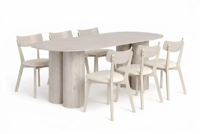 Juno-ruokailuryhmä 220 cm suorakulmainen, valkolakattu, 6 Amelia-ruokatuolia pehmusteella, Valkokuultolakattu/Beige
