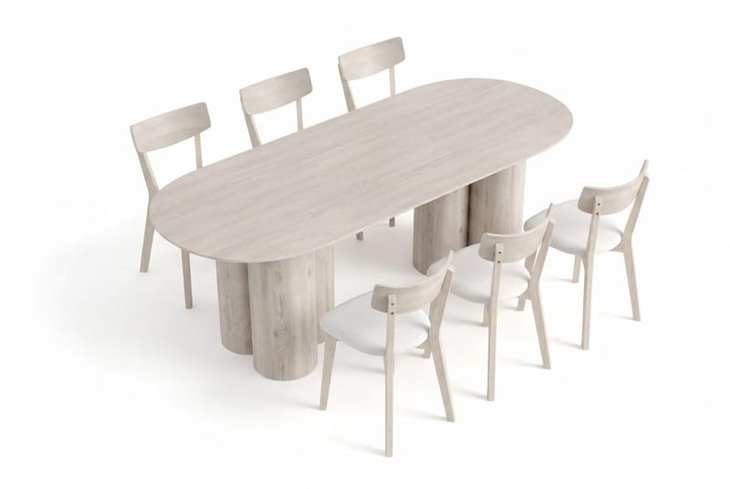 Juno-ruokailuryhmä 220 cm suorakulmainen, valkolakattu, 6 Amelia-ruokatuolia pehmusteella - Valkokuultolakattu/Beige - Puutarhakalusteet - Ulkoryhmä - Ruokailuryhmät ulos