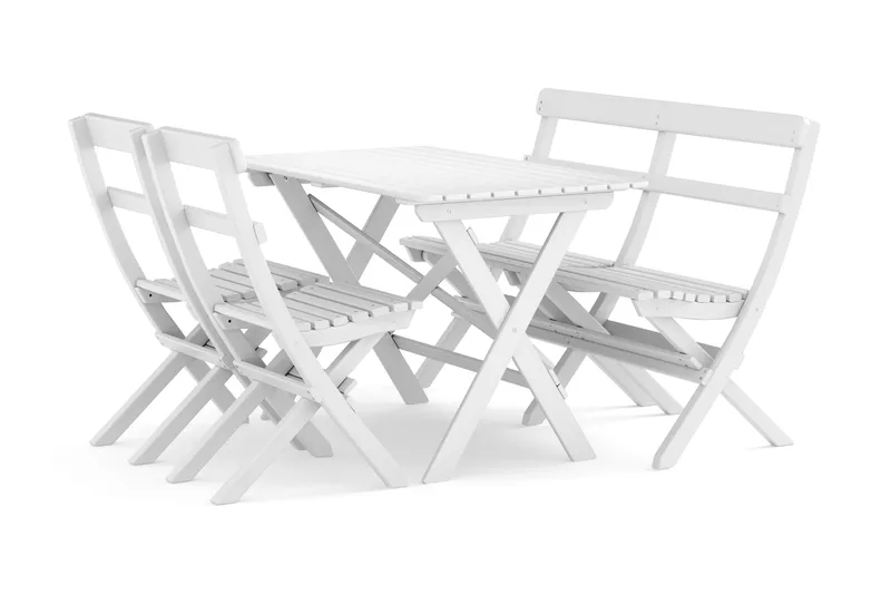 KWA Ulkona käytettävä ruokailuryhmä 118x70x74 cm, sohva ja 2 kokoontaitettavaa tuolia - Valkoinen - Puutarhakalusteet - Ulkoryhmä - Ruokailuryhmät ulos
