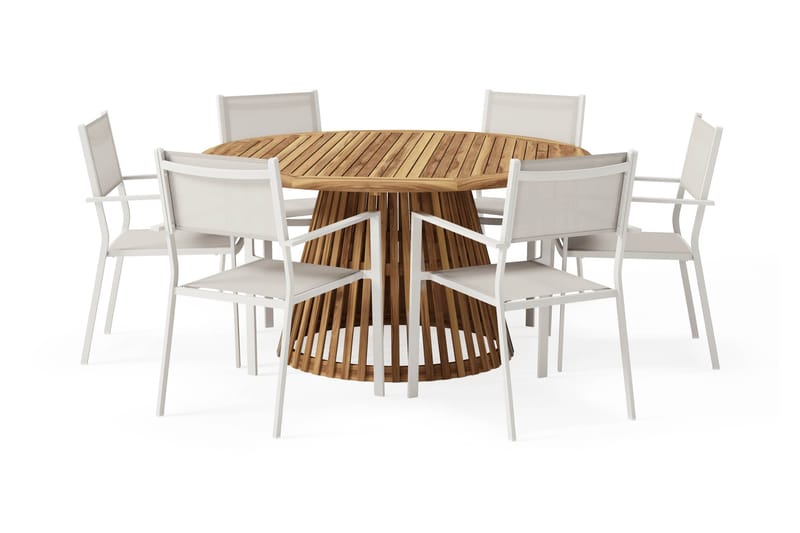 Lakenview Pyöreä Ruokapöytä 150 cm ja 6 Las Vegas Käsinojatuolit, Luonnonväri