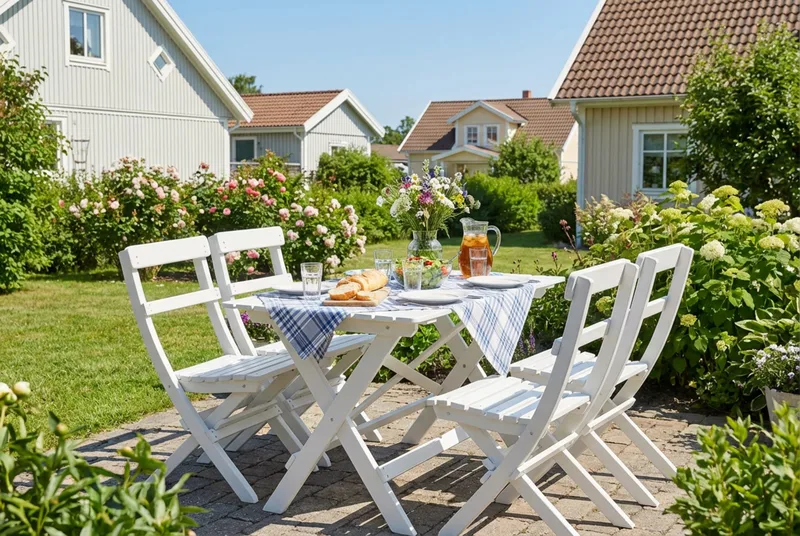 Landet ulkoruokailuryhmä 118x70x74 cm, 4 kokoontaitettavaa tuolia - Valkoinen - Puutarhakalusteet - Ulkoryhmä - Ruokailuryhmät ulos