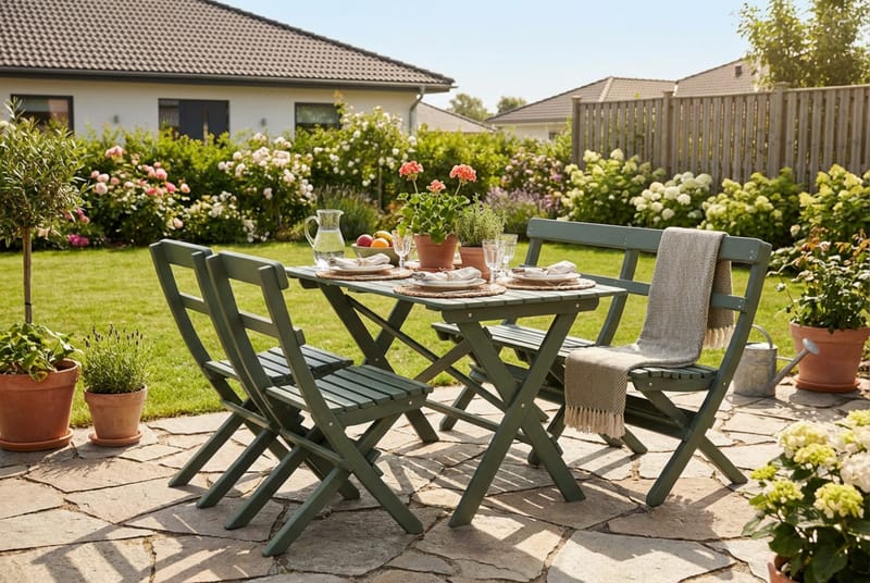 Landet ulkoruokailuryhmä 118x70x74 cm, sohva ja 2 kokoontaitettavaa tuolia - Vihreä - Puutarhakalusteet - Ulkoryhmä - Ruokailuryhmät ulos
