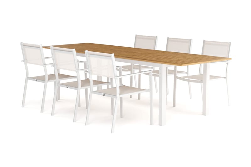 Las Vegas Jatkettava Ruokapöytä 220-280 cm ja 6 Las Vegas Käsinojatuolit - Luonnonvalkoinen - Puutarhakalusteet - Ulkoryhmä - Ruokailuryhmät ulos