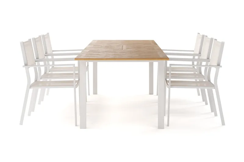 Las Vegas Jatkettava Ruokapöytä 220-280 cm ja 6 Las Vegas Käsinojatuolit, Luonnonvalkoinen