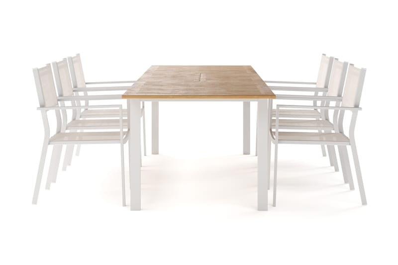 Las Vegas Jatkettava Ruokapöytä 220-280 cm ja 6 Las Vegas Käsinojatuolit, Luonnonvalkoinen