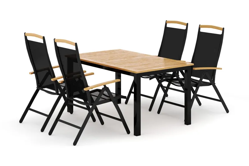 Las Vegas ulkoruokailuryhmä, jatkettava 152–210x90 cm, 4 Las Vegas -säätötuolilla - Musta - Puutarhakalusteet - Ulkoryhmä - Ruokailuryhmät ulos