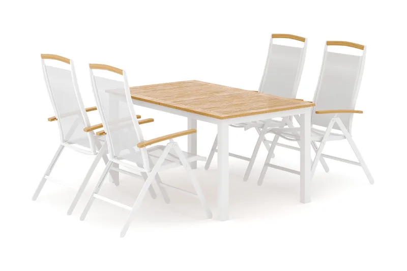 Las Vegas ulkoruokailuryhmä, jatkettava 152–210x90 cm, 4 Las Vegas -säätötuolilla - Valkoinen - Puutarhakalusteet - Ulkoryhmä - Ruokailuryhmät ulos