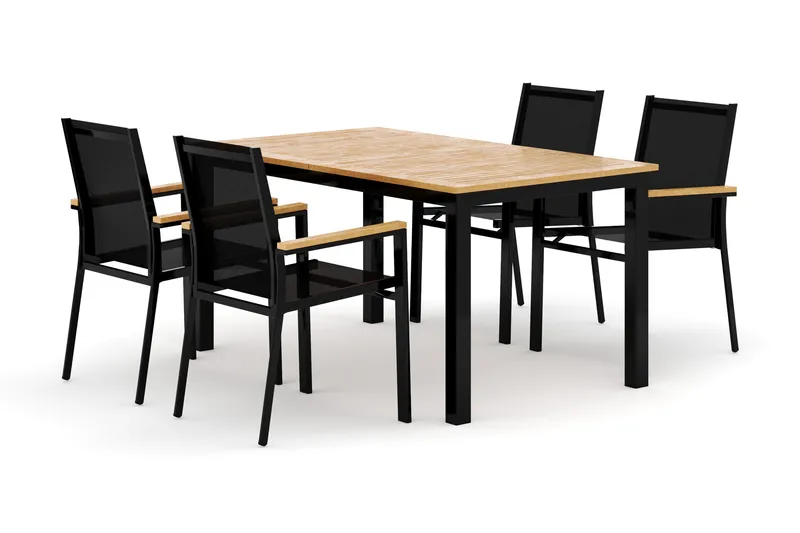 Las Vegas ulkoruokailuryhmä, jatkettava 152–210x90 cm, 4 Las Vegas -pinottavalla tuolilla, Musta