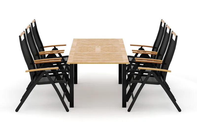 Las Vegas ulkoruokailuryhmä, jatkettava 152–210x90 cm, 6 Las Vegas säätötuolia, Musta