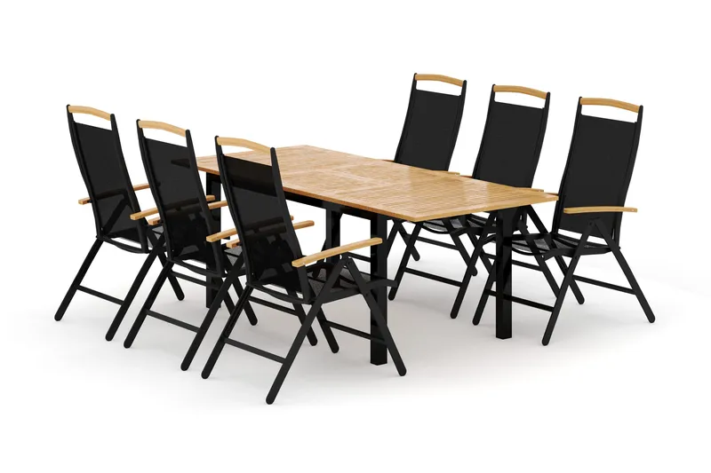 Las Vegas ulkoruokailuryhmä, jatkettava 152–210x90 cm, 6 Las Vegas -säätötuolilla - Musta - Puutarhakalusteet - Ulkoryhmä - Ruokailuryhmät ulos