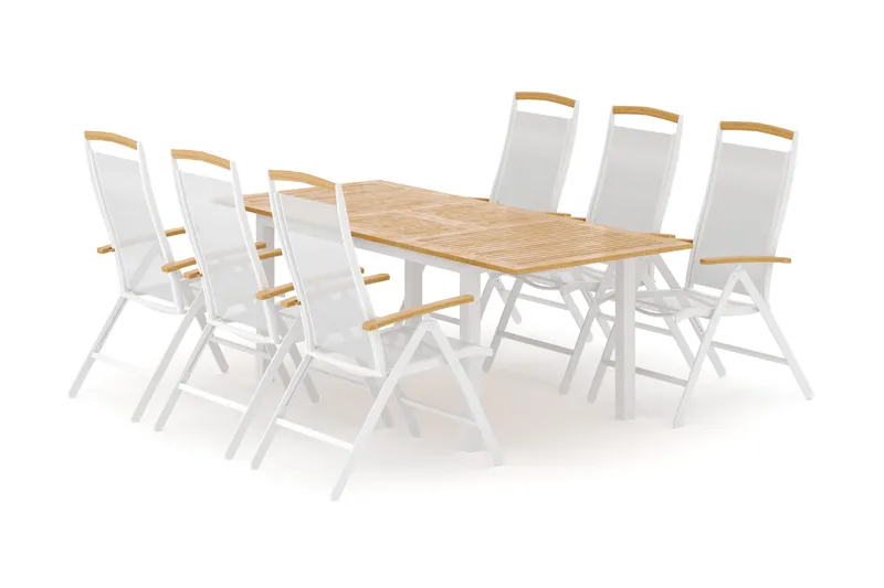 Las Vegas ulkoruokailuryhmä, jatkettava 152–210x90 cm, 6 Las Vegas -säätötuolilla - Valkoinen - Puutarhakalusteet - Ulkoryhmä - Ruokailuryhmät ulos