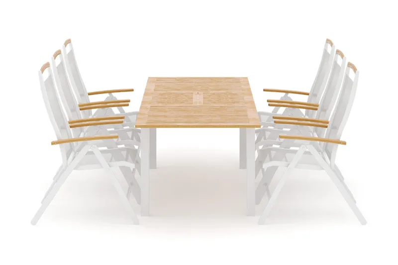 Las Vegas ulkoruokailuryhmä, jatkettava 152–210x90 cm, 6 Las Vegas -säätötuolilla, Valkoinen