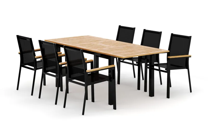 Las Vegas ulkoruokailuryhmä, jatkettava 152–210x90 cm, 6 Las Vegas -pinottavalla tuolilla, Musta