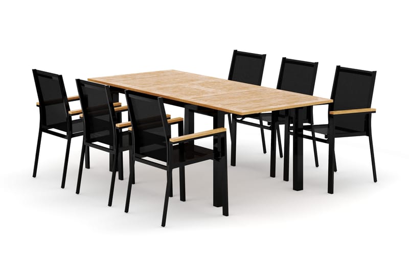 Las Vegas ulkoruokailuryhmä, jatkettava 152–210x90 cm, 6 Las Vegas -pinottavalla tuolilla, Musta